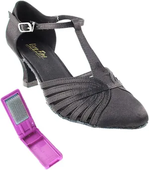 Very Fine Dance Shoes - Ladies Standard, Smooth, Waltz Ballroom Dance Shoes - 6829-2.5-inch Heel and Foldable Brush Bundle - Black Satin - 5.5