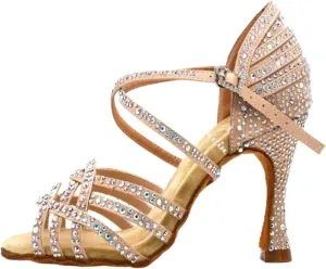 Women Salsa Dance Shoes Latin Ballroom Shoes Latin Dance Shoes Girl Skin Black Color Full Rhinestone Tango Party Shoes 9cm