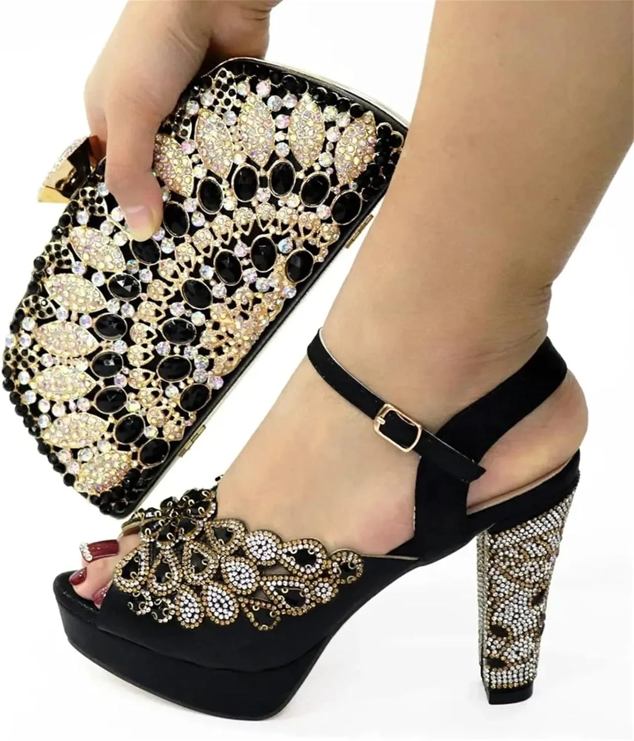 Womens Black 2025 Italian Wedding Shoes Set Bridal Pumps and Matching Evening Bag Nigerian Party Accessories