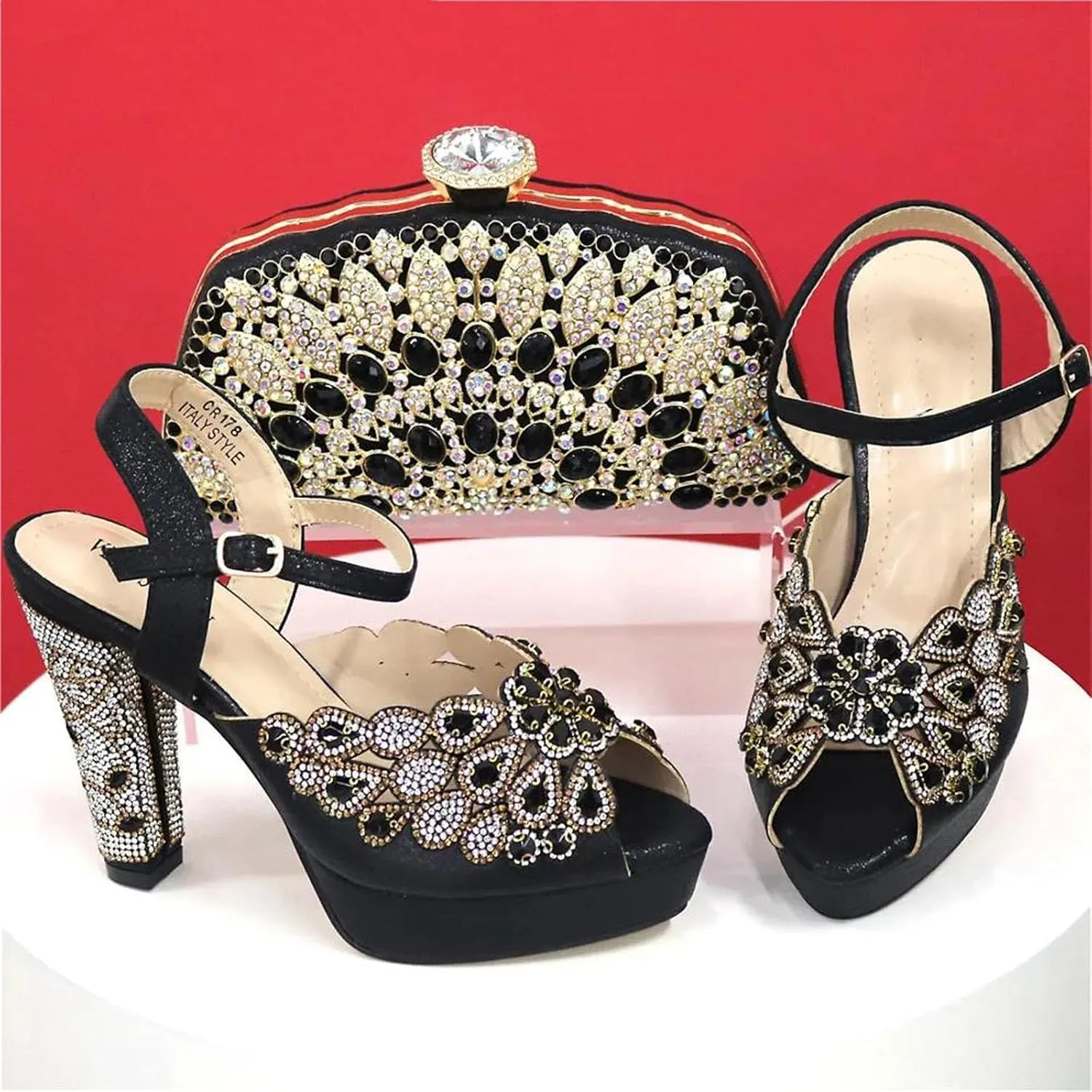 Womens Black 2025 Italian Wedding Shoes Set Bridal Pumps and Matching Evening Bag Nigerian Party Accessories
