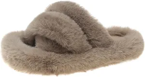 Women's Cross Band Fuzzy Slippers Soft Plush Furry Warm Slippers Open Toe Fluffy House Shoes Comfy Indoor and Outdoor