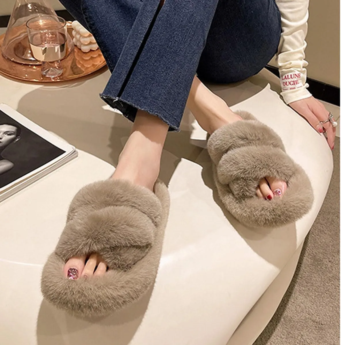 Women's Cross Band Fuzzy Slippers Soft Plush Furry Warm Slippers Open Toe Fluffy House Shoes Comfy Indoor and Outdoor