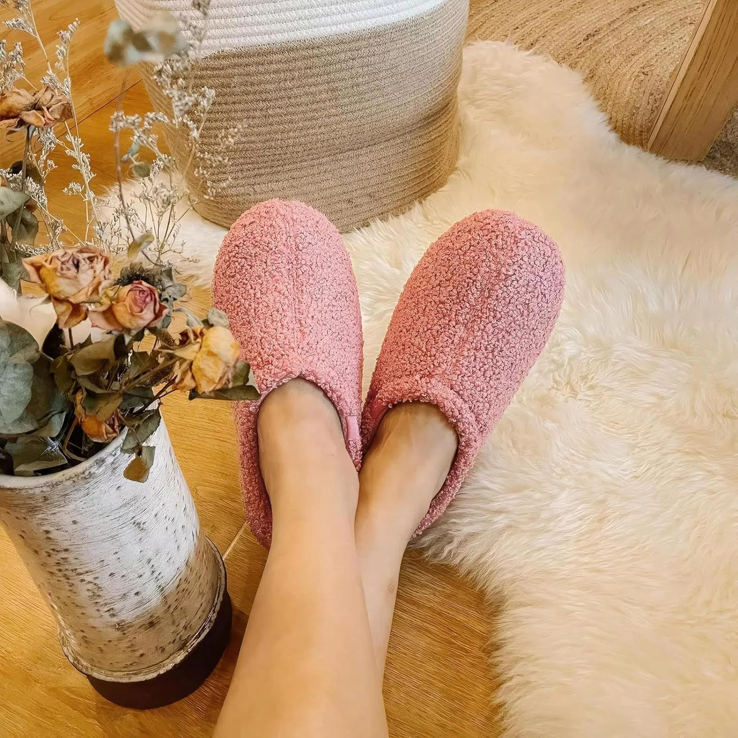 Women's Fuzzy Curly Fur Memory Foam Loafer Slippers with Polar Fleece Lining