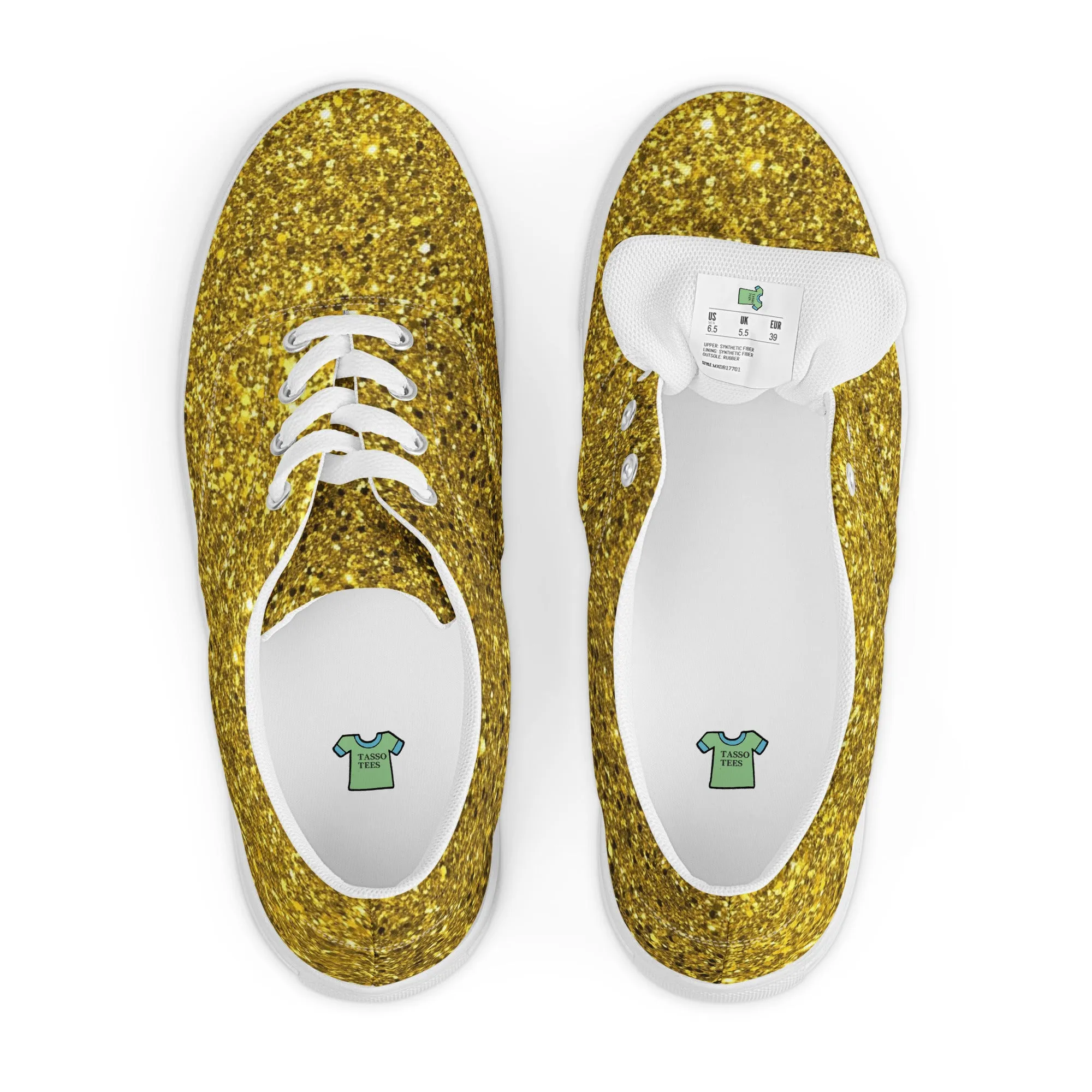 Women’s Gold Glitter Print lace-up canvas shoes, Gold Glitter Fashion Sneakers