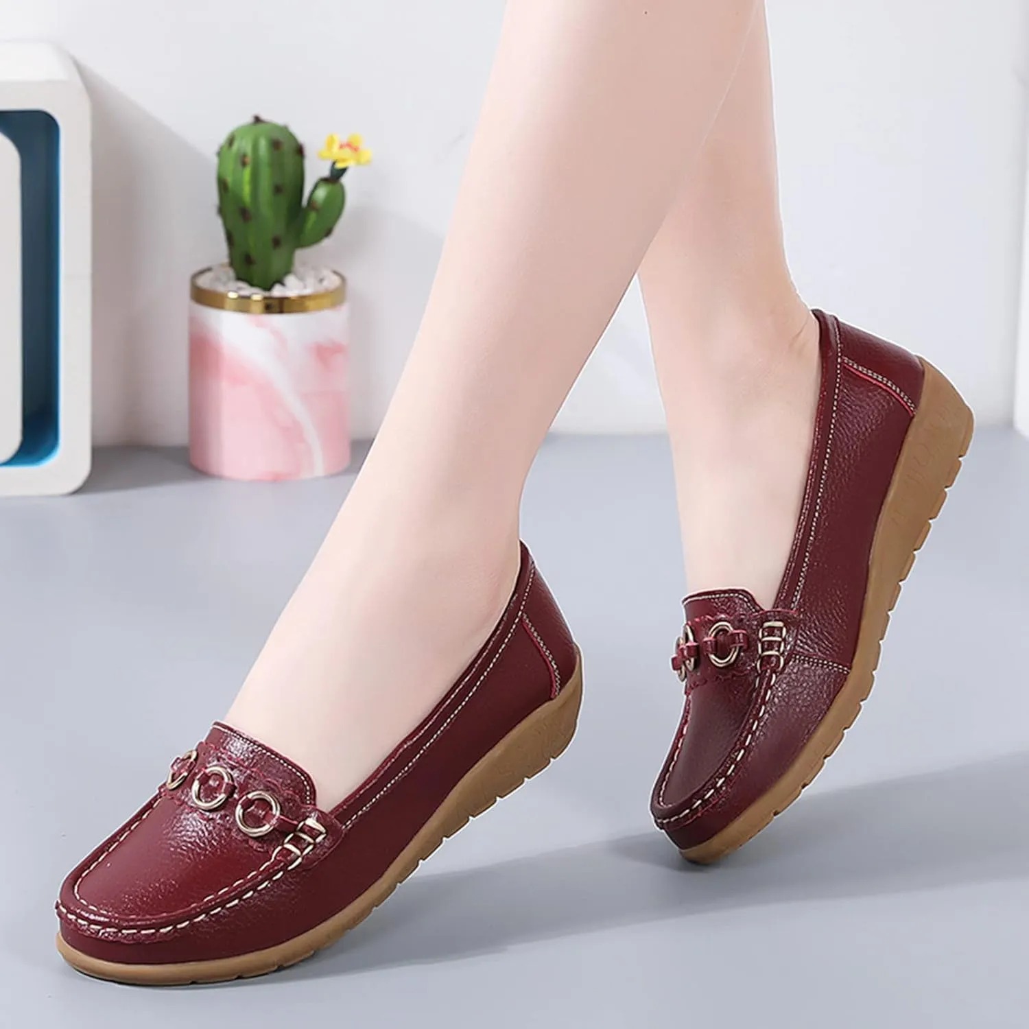 Womens Loafers Comfortable Dressy Leather Penny Loafers Slip On Walking Shoes Arch Support Cushion Orthopedic Shoes