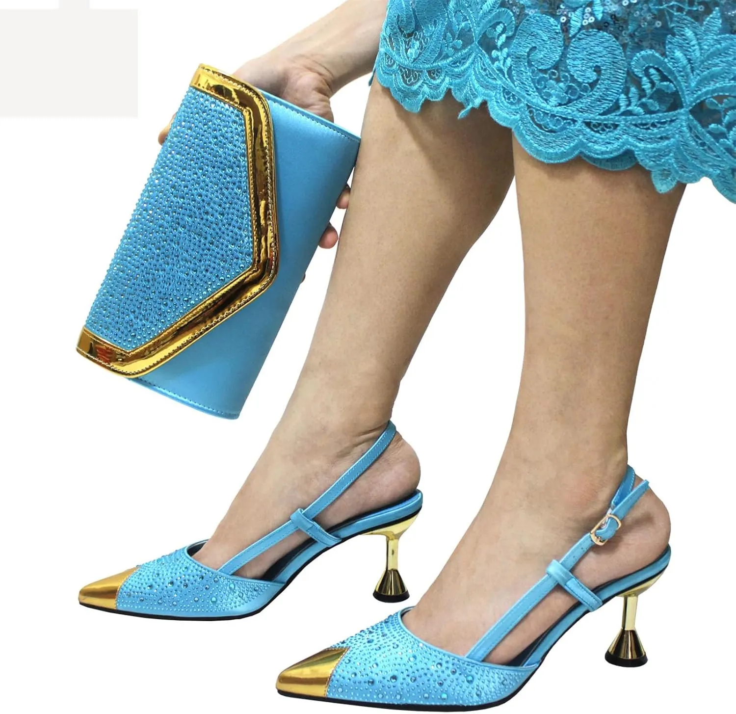 WomensSky Blue 2025 Italian Wedding Shoes Set Bridal Pumps and Matching Evening Bag Sweet Style Party Accessories