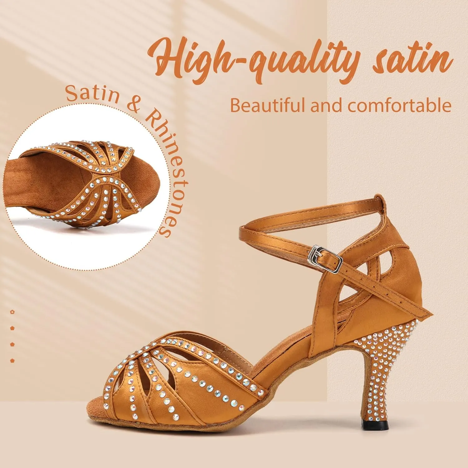 YKXLM Latin Ballroom Dance Shoes Women Rhinestone Salsa Dance Shoes 3 Inch Heel Suede Sole