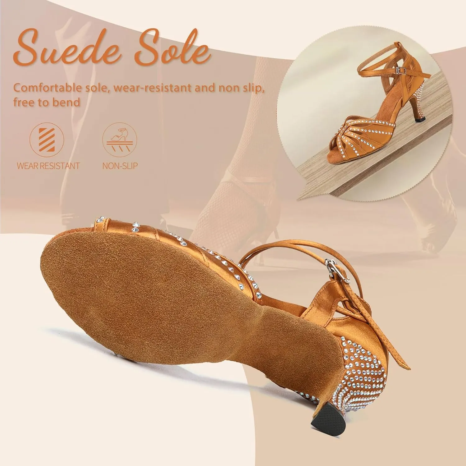 YKXLM Latin Ballroom Dance Shoes Women Rhinestone Salsa Dance Shoes 3 Inch Heel Suede Sole