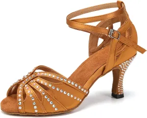YKXLM Latin Ballroom Dance Shoes Women Rhinestone Salsa Dance Shoes 3 Inch Heel Suede Sole