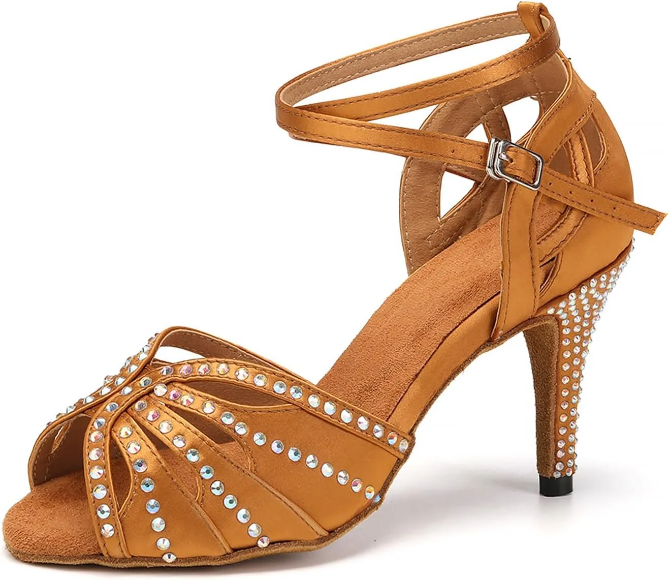 YKXLM Women Rhinestone Ballroom Dance Shoes Latin Performance Dance Shoes Women Suede Sole,L162,3 1/3 inches Heel,Brown,9 US