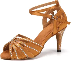 YKXLM Women Rhinestone Ballroom Dance Shoes Latin Performance Dance Shoes Women Suede Sole,L162,3 1/3 inches Heel,Brown,9 US