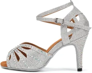 YKXLM Women Rhinestone Ballroom Dance Shoes Latin Performance Dance Shoes Women Suede Sole,L162,3 1/3 inches Heel,Silver,6.5 US